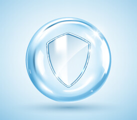Blue glossy protection shield inside transparent bubble. Vector skincare and security concept