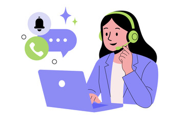 Businesswoman working on a laptop at her office desk, utilizing technology for communication and her job with customer service or call centre concept