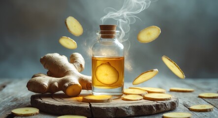 Obraz premium Ginger Oil Infusion: Aromatic Essence with Floating Slices and Natural Ingredients.