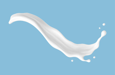 Realistic milk splash wave on blue background. Vector dairy or cosmetic concept
