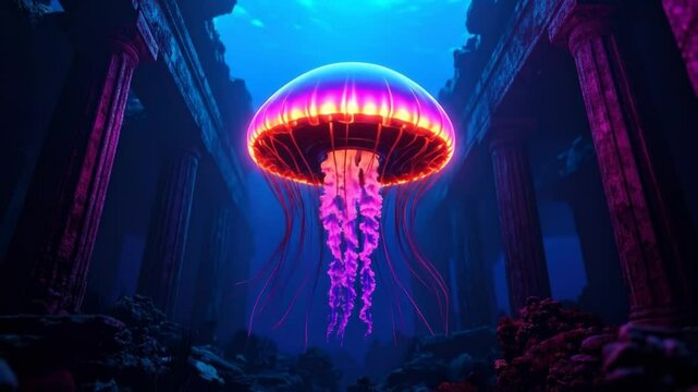 Glowing Jellyfish In Underwater Ancient Ruins