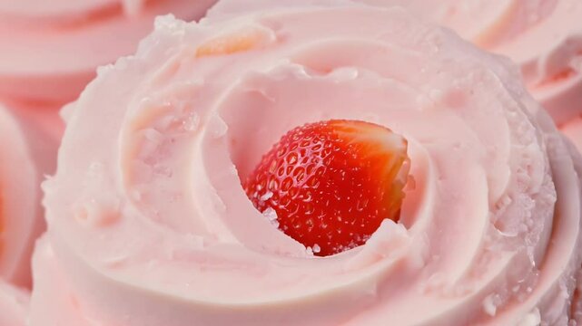 Pink strawberry frosting with decorative swirl patterns in soft light A fresh strawberry gradually appears & is placed into the center of the swirl creating a perfect finishing touch to the sweet dess