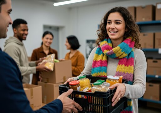 Joyful volunteers work together, sorting and packing food donations for those in need.