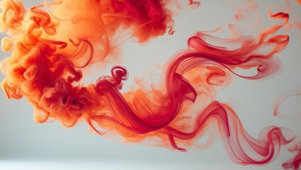 Abstract Orange and Red Ink Cloud. Ethereal, Swirling Smoke on Light Gray Background.