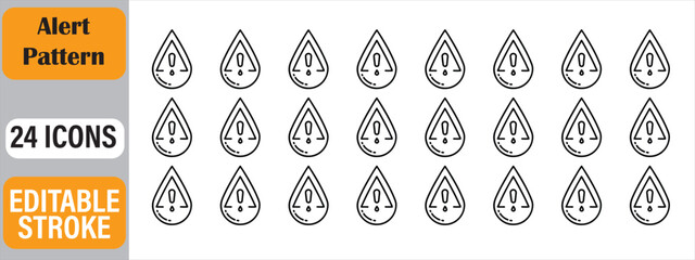 Vector pattern featuring 24 warning icons in a drop shape with editable stroke