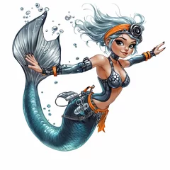 Papier peint photo Sirène Female mermaid exploring an underwater world with steampunk elements and a dynamic pose  © Iryna