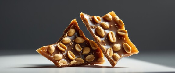 Two pieces of delicious peanut brittle candy, a sweet confection with crunchy nuts.