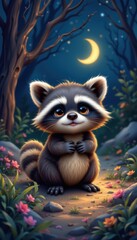 Fototapeta premium Adorable raccoon in a moonlit forest surrounded by colorful flowers and tall trees, conveying a magical atmosphere