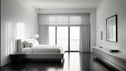 Fototapeta premium Minimalist Bedroom Design. Clean Lines, Bright Space, and Modern Elegance.