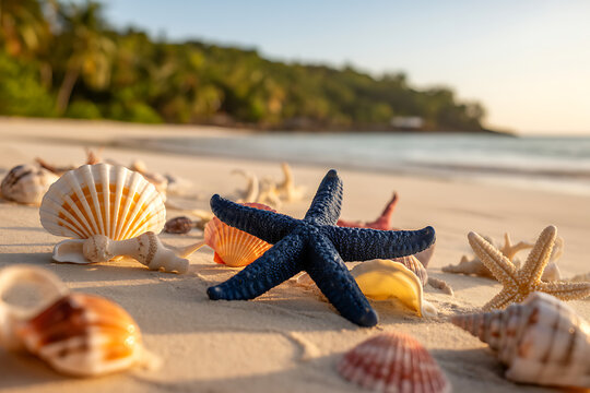 Close-up of seashells, starfish, and coral on sandy beach with tropical coastline in background - Powered by Adobe