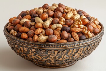Fototapeta premium Elegant vintage bowl overflowing with a delicious assortment of mixed nuts