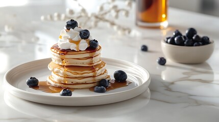 Stack of Pancakes with Blueberries and Whipped Cream