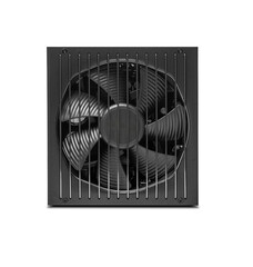 Black computer power supply unit PSU with a protective metal grill over its cooling fan, isolated...