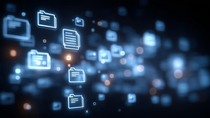 Futuristic 3D Document Organization Interface with Glowing Features