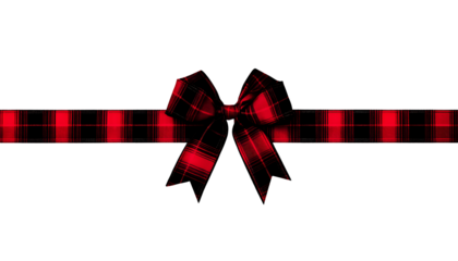 Red and black buffalo plaid  gift bow and ribbon. Long border isolated on a white background ,png