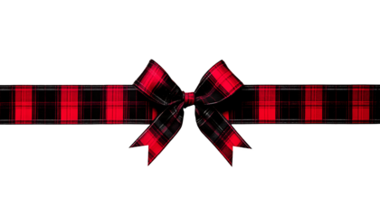Red and black buffalo plaid  gift bow and ribbon. Long border isolated on a white background ,png