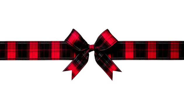 Red and black buffalo plaid  gift bow and ribbon. Long border isolated on a white background ,png
