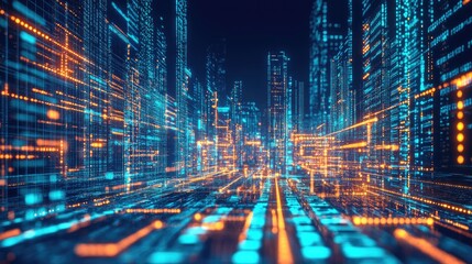 Futuristic digital city skyline with glowing lines and data streams.