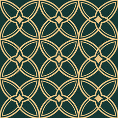 Fototapeta premium Decorative geometric pattern with interlocking shapes in gold and dark green background
