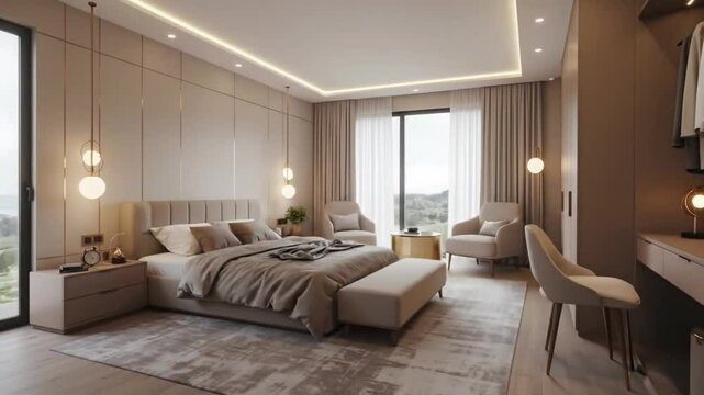 Minimalist modern hotel bedroom with twin beds and soft sunlight through large window