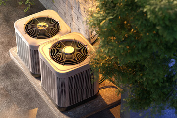 Two outdoor air conditioning units beside a brick wall, partially shaded by a tree, illustrating...