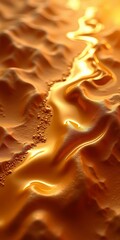 Golden liquid glistening on textured surfaceSunlight reflecting off curved path in orange landscapeStream of mol