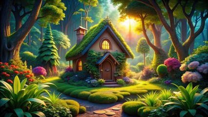 Home Yard Forest Logo Design, Nature House Illustration, Backyard Garden Symbol, Woodland Home Badge,  Forest House Logo Concept