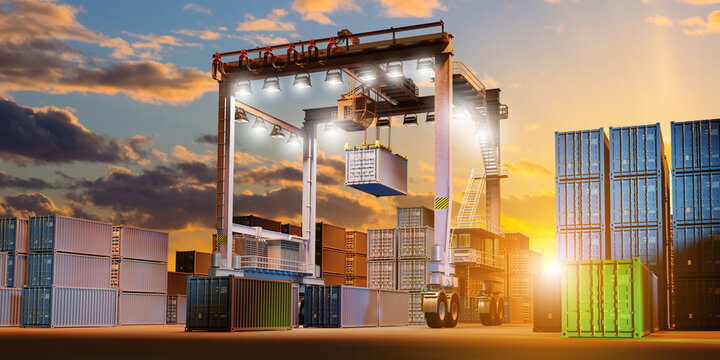 Container crane lifts cargo at busy shipping terminal during sunset, representing global logistics, freight transport, and international trade. &ndash; Logistics, Shipping, Customs.
