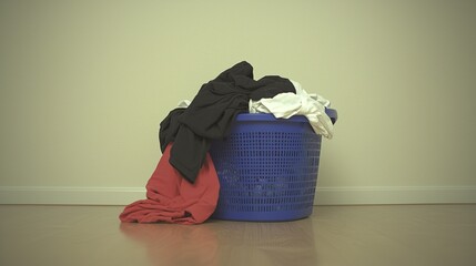 Laundry basket with clothes, home, and floor.