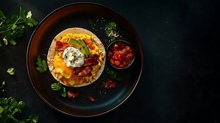 Breakfast Tostada with Eggs, Bacon, Avocado, and Salsa