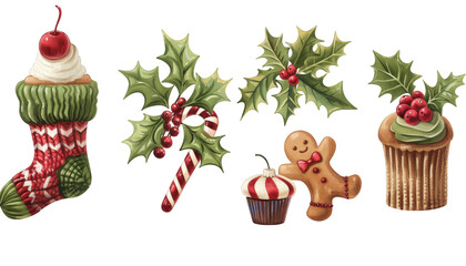 Christmas stocking cupcake gingerbread man holly and candy cane isolated on a transparent background