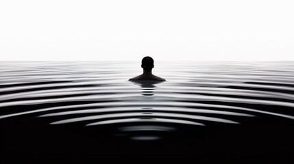Man swims calm dark water.