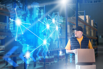 Warehouse worker with boxes in smart logistics center, digital world map and data network overlay showing global distribution. Activity: Warehouse. Logistics.