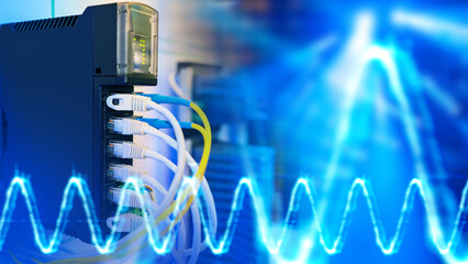 Network switch with connected Ethernet cables and digital waveform overlay, symbolizing data transmission, internet and communication. Activity: IT. Telecommunications.