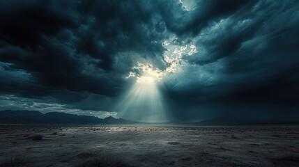 Naklejka premium Desert Landscape with Dramatic Lighting: Sunbeams Piercing Through Dark Clouds