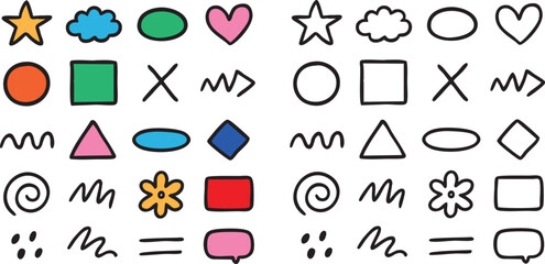 Doodle Shapes Icon Pack – Hand-Drawn Color & Outline Style