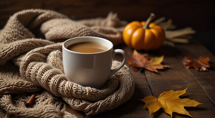Autumn, fall leaves, a hot cup of coffee and a warm scarf on the background of a wooden table. Seasonal, morning coffee, Sunday relaxing and still-life concept. Warm, comfort and home ... See More,ge
