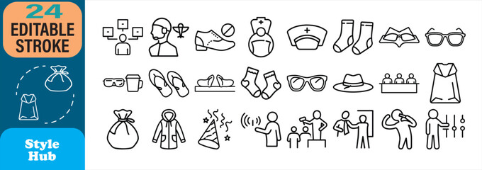 Collection of black line icons illustrating different professions and everyday objects