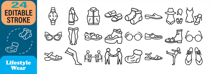 Black and white outline illustrations of lifestyle clothing items and accessories on a white background
