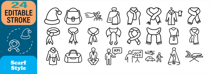 Collection of minimalist icons featuring various scarf styles and everyday lifestyle elements