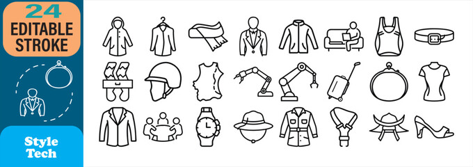 Collection of minimalist style and technology icon set outlined in black and white colors