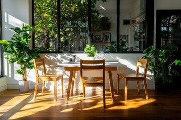 Fototapeta premium Bright sunlit dining area with wooden table and chairs surrounded by lush green plants modern home interior