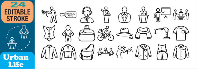 Collection of modern urban life line art icons depicting various aspects of daily routines