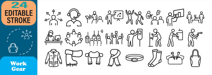 Collection of outline icon illustrations representing workplace activities and necessary work gear items