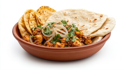 Indian Paneer Curry with Flatbread (Roti or Naan) and Onions flatbread onions paneer curry roti naan