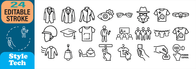 Collection of outlined icon illustrations representing diverse fashion tech and clothing concepts.