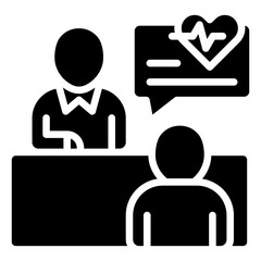Consultation - glyph black fill silhouette icon Doctor discussing heart health with patient during medical consultation