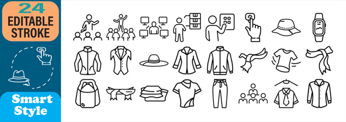 Collection of outlined icons related to clothing and fashion design with editable stroke feature