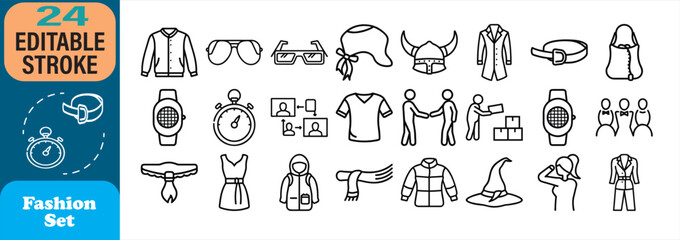 Collection of trendy clothing accessories and fashion icons in simple linear black and white design