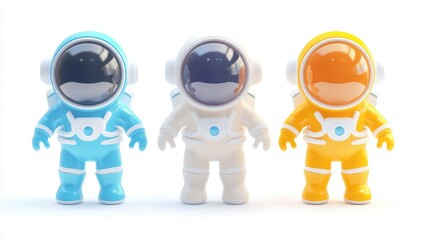 Three cute cartoon astronauts in blue, white, and yellow suits standing together on a white background.
